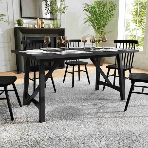 Flash Furniture Everly 60in. Solid Wood Trestle Base Dining Table, Farmhouse Style Table w/Seating for 6, Black KER-T-851-BLK-60-GG - main